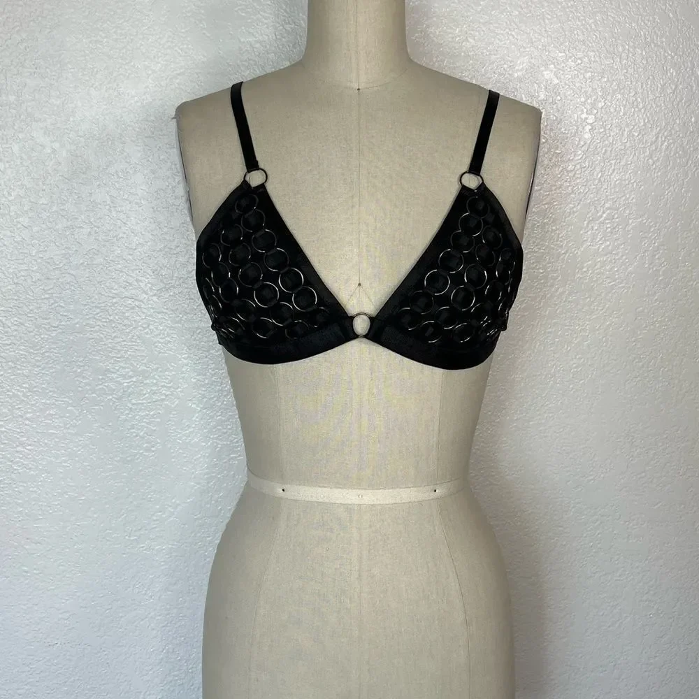 Dolls Kill black goth metal rings mesh black satin bra top statement piece  M